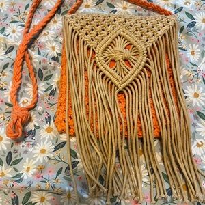 Handcrafted Beige and Orange Fringe Bag